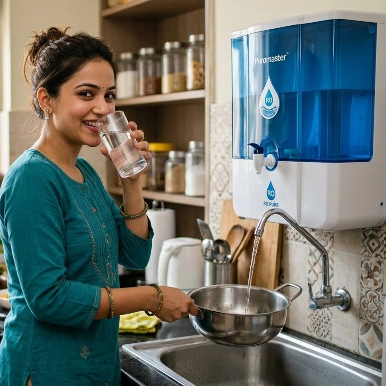 Woman drinking pure RO water while cooking in Delhi